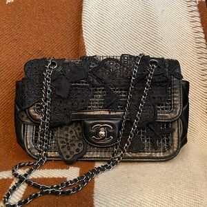 Chanel Black Lace Appliqué mesh bag.